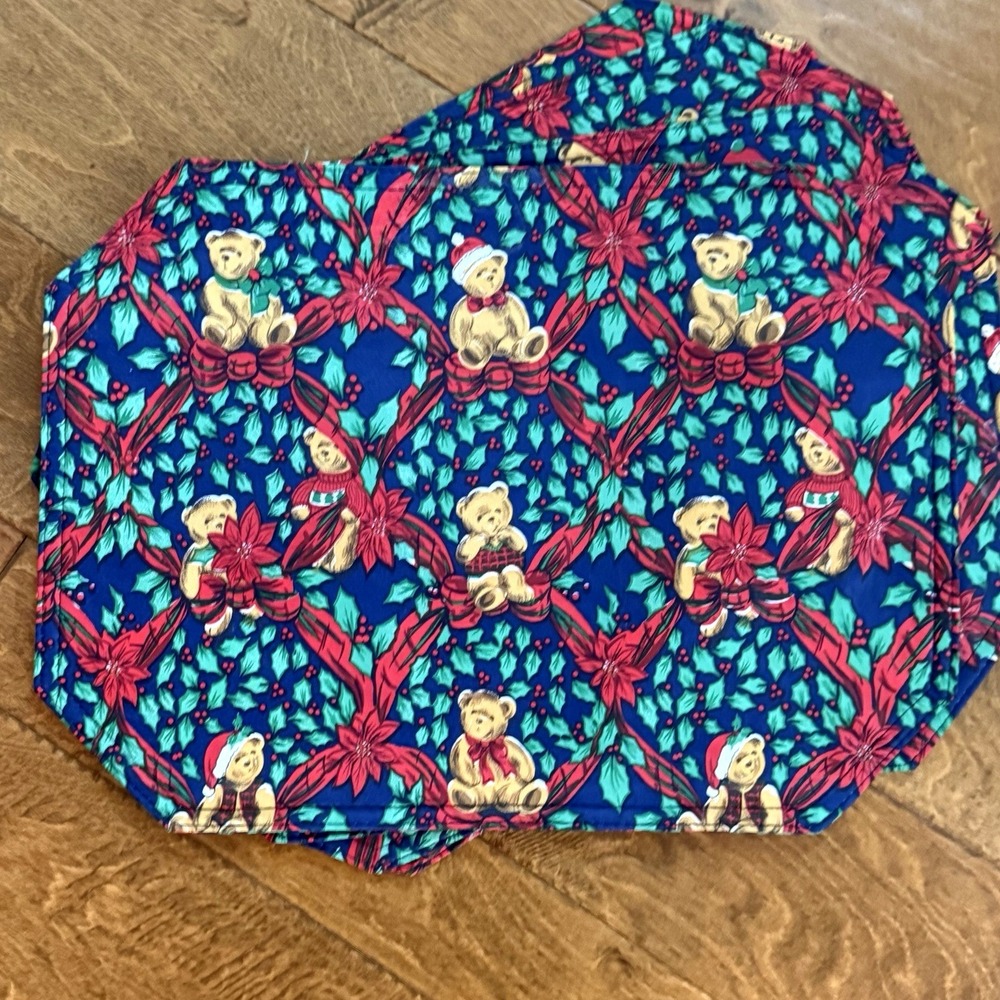 Holiday Time Christmas Teddy Bear Placemats‎ Set of 4 Vintage 18x13 Double Sided